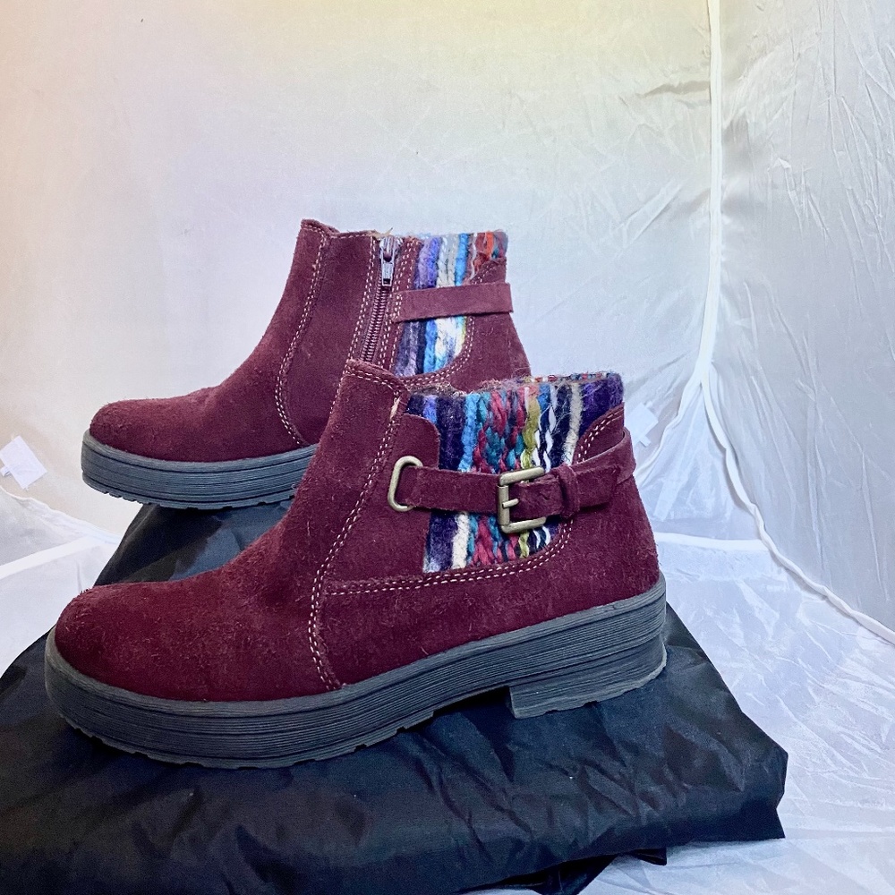 Earth Origins Women's Burgundy Suede Ankle Boots with Multicolor Knit Cuff